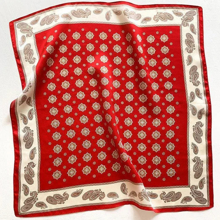 Silk Square Scarf 53×53 cm – Red Mandala & Paisley Print | Bohemian - Scarves4you