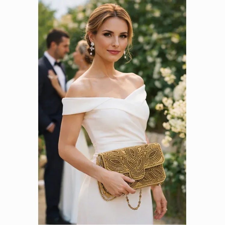 Gold Beaded Clutch Bag - Handcrafted Evening Purse - Scarves4you