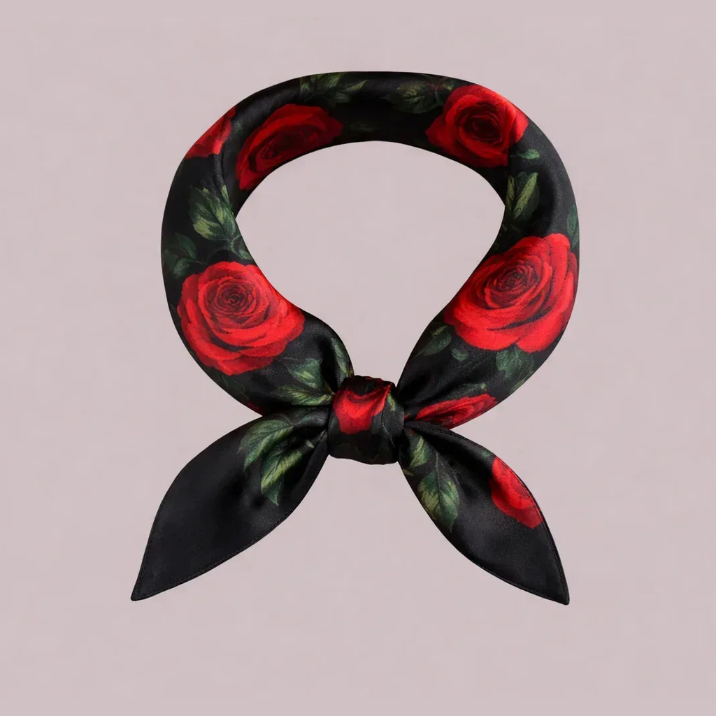 Silk Square Scarf 53×53 cm – Red Rose Print | Cream & Black Floral Design - Scarves4you