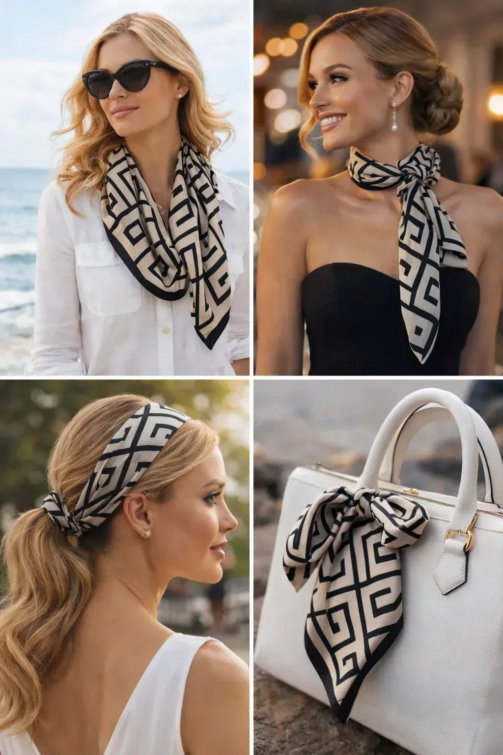 70x70 cm Geometric Square Scarf | Black Beige Greek Key Pattern | Premium Polyester | Women's & Men's Neck Accessory - Scarves4you
