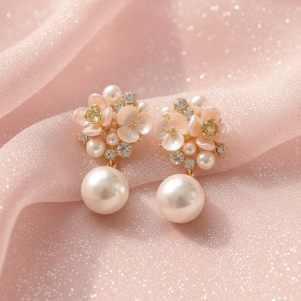 A pair of delicate pearl and floral drop earrings with gold-tone accents, resting on a soft cream-colored surface with light feather-like decoration in the background.
