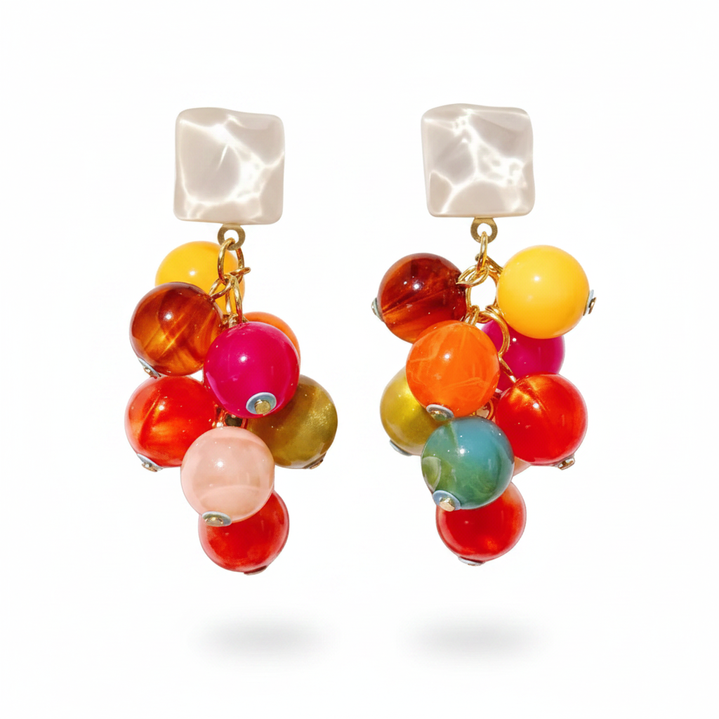 Colorful stone cluster earring close-up