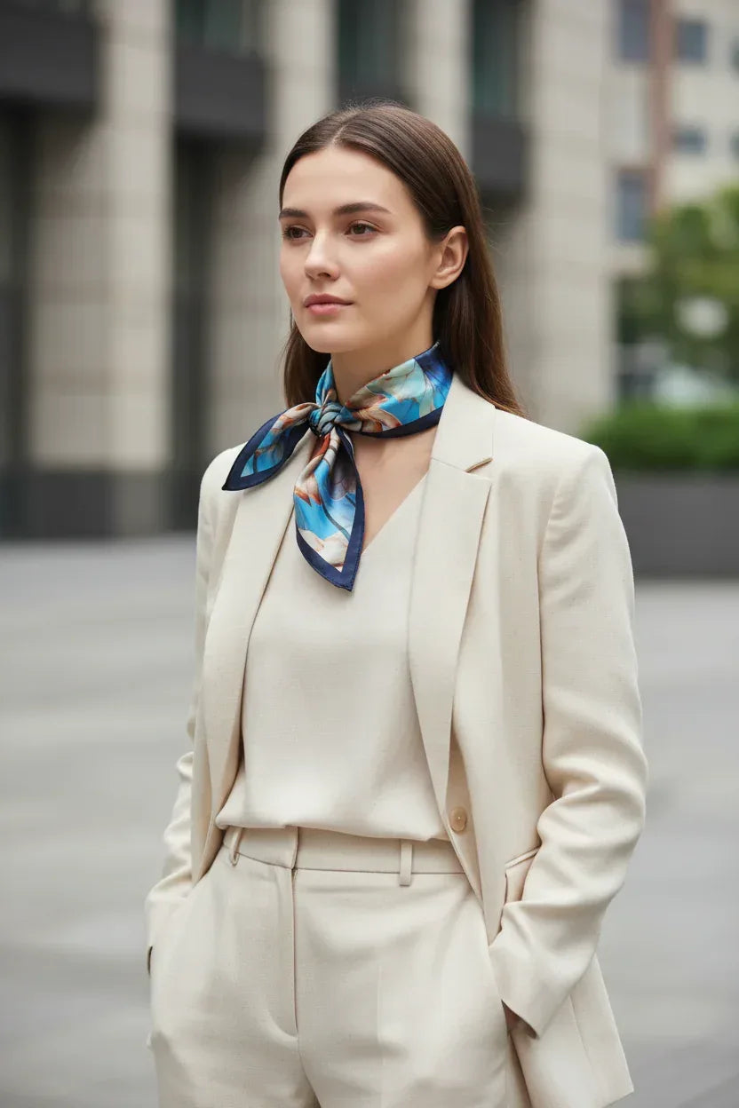 Silk Square Scarf 53×53 cm – Abstract Art Print Blue & Orange | Artistic Bandana - Scarves4you