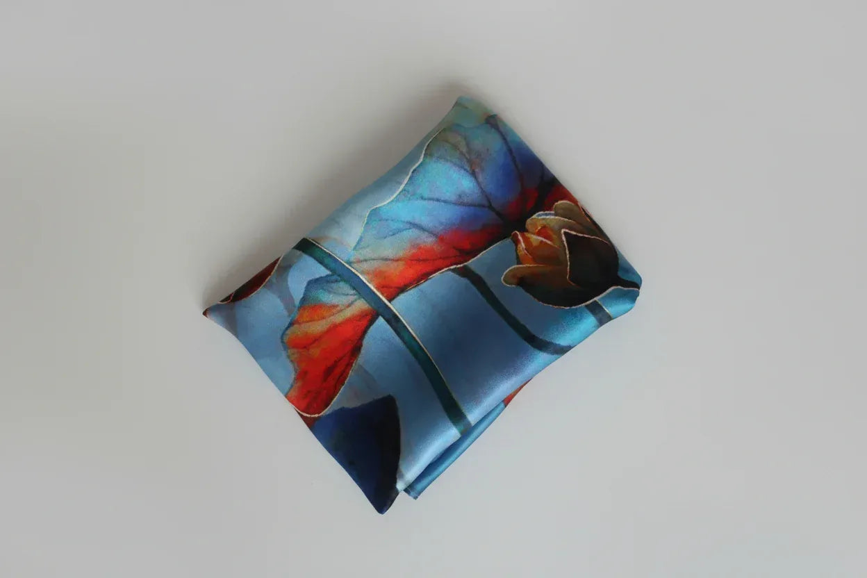 Silk Square Scarf 53×53 cm – Abstract Art Print Blue & Orange | Artistic Bandana - Scarves4you