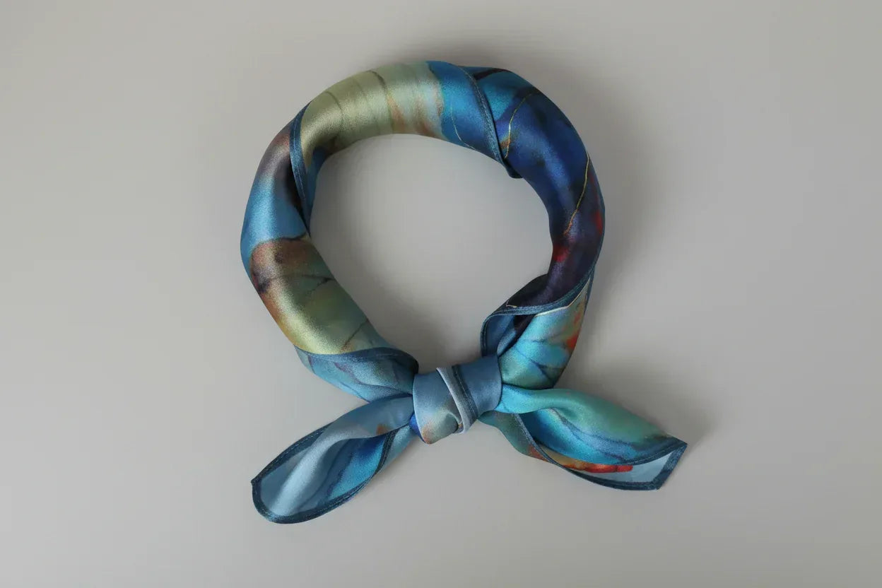 Silk Square Scarf 53×53 cm – Abstract Art Print Blue & Orange | Artistic Bandana - Scarves4you