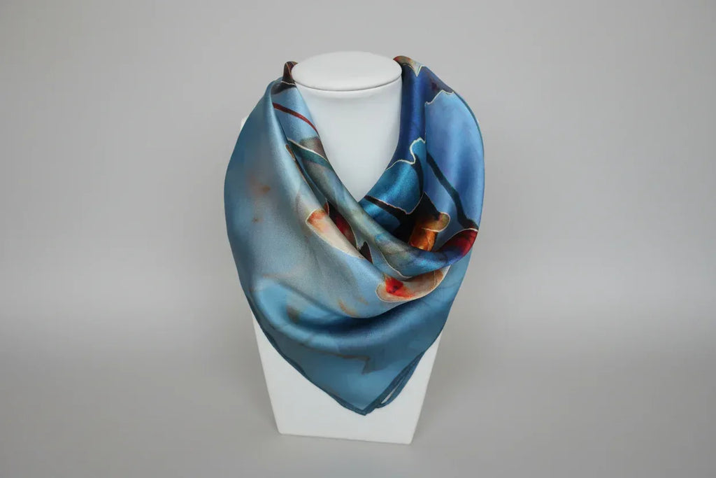 Silk Square Scarf 53×53 cm – Abstract Art Print Blue & Orange | Artistic Bandana - Scarves4you