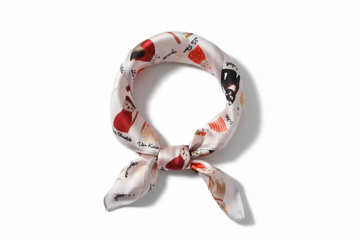 53x53 cm Mulberry Silk Cat Print Scarf | Whimsical Feline Pattern | Luxury Square Scarf | Cat Lover Gift - Scarves4you