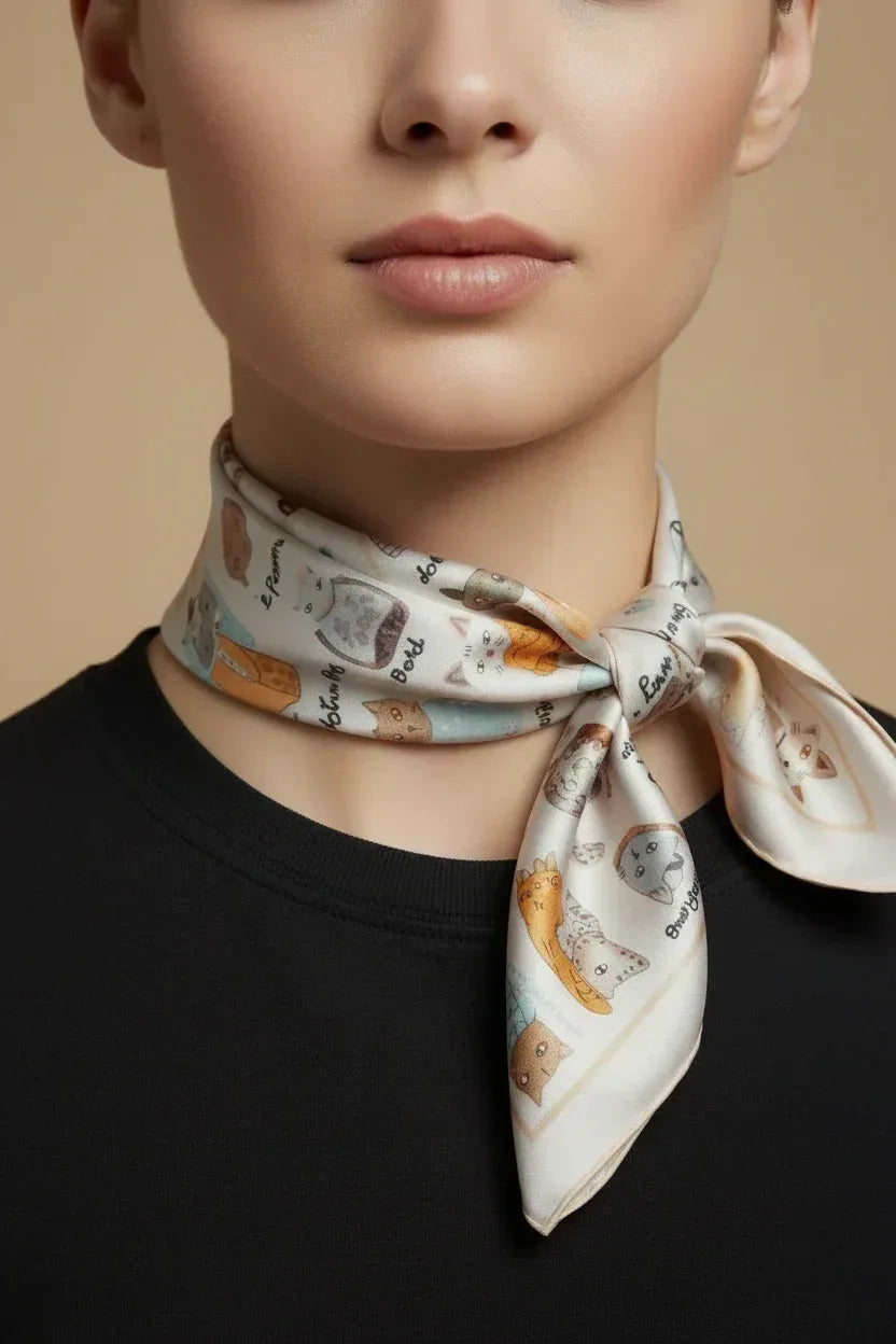 53x53 cm Mulberry Silk Cat Print Scarf | Whimsical Feline Pattern | Luxury Square Scarf | Cat Lover Gift - Scarves4you