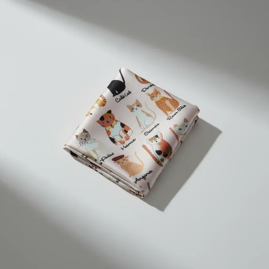 53x53 cm Mulberry Silk Cat Print Scarf | Whimsical Feline Pattern | Luxury Square Scarf | Cat Lover Gift - Scarves4you