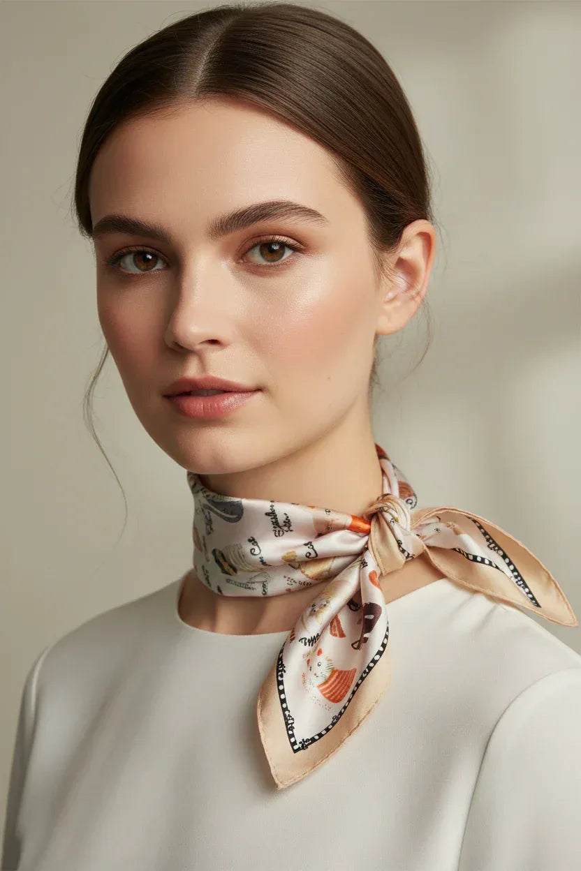 53x53 cm Mulberry Silk Cat Print Scarf | Whimsical Feline Pattern | Luxury Square Scarf | Cat Lover Gift - Scarves4you