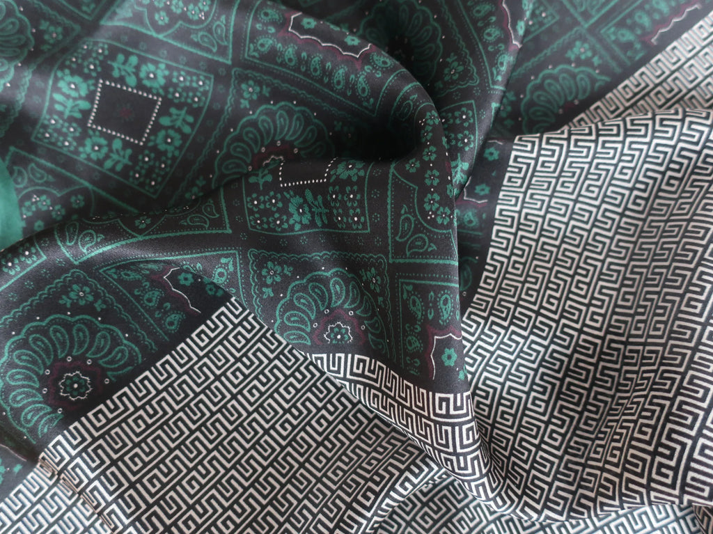 53x53 cm Mulberry Silk Ornamental Scarf | Dark Green Black | Greek Key Border | Luxury Square Scarf - Scarves4you