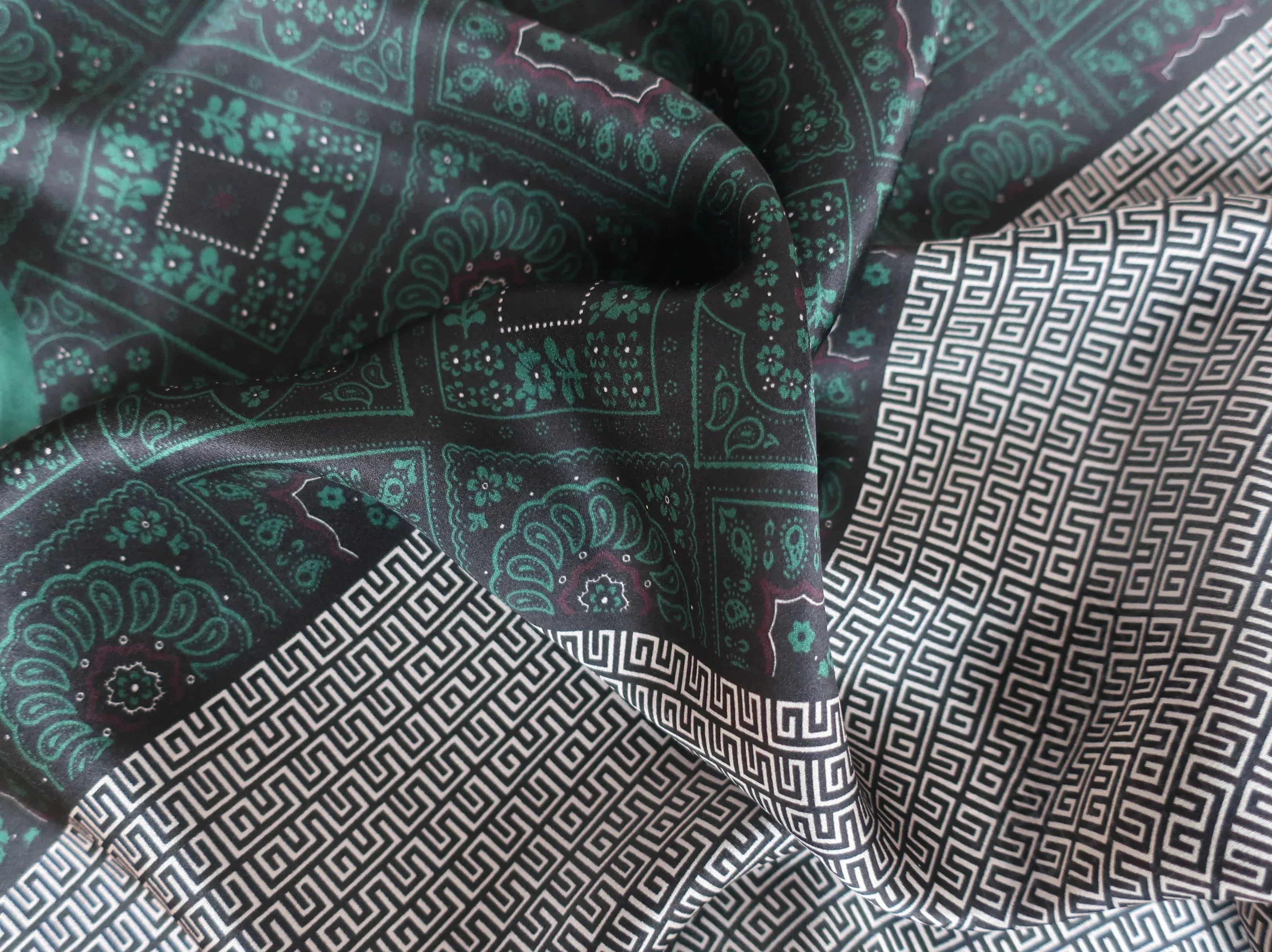 53x53 cm Mulberry Silk Ornamental Scarf | Dark Green Black | Greek Key Border | Luxury Square Scarf - Scarves4you