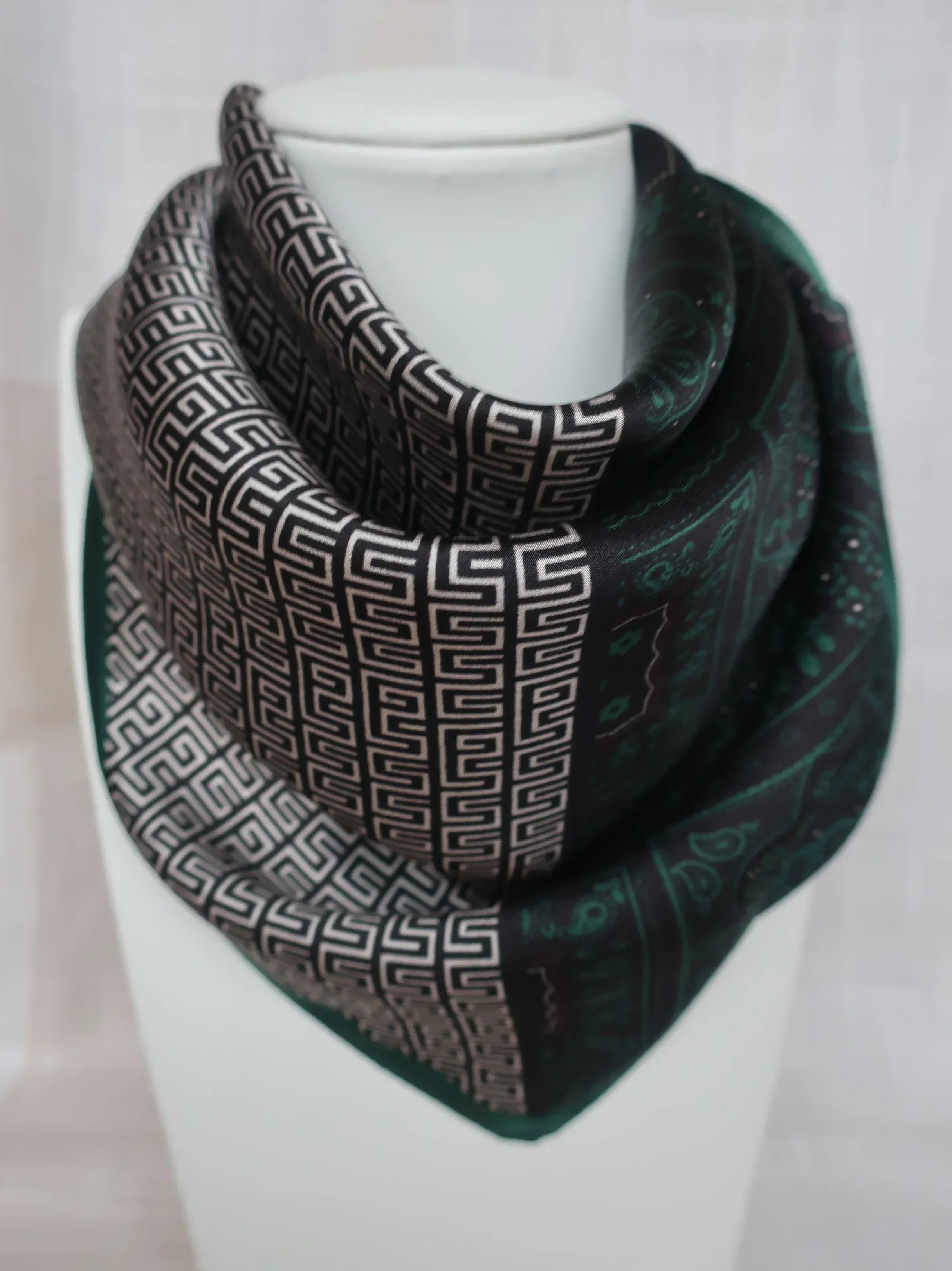 53x53 cm Mulberry Silk Ornamental Scarf | Dark Green Black | Greek Key Border | Luxury Square Scarf - Scarves4you