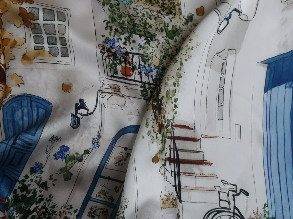 53x53 cm Mulberry Silk Mediterranean Village Scarf | Blue White | Luxury Square Scarf | Women's & Men's Neckerchief - Scarves4you