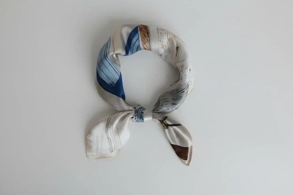 53x53 cm Mulberry Silk Mediterranean Village Scarf | Blue White | Luxury Square Scarf | Women's & Men's Neckerchief - Scarves4you