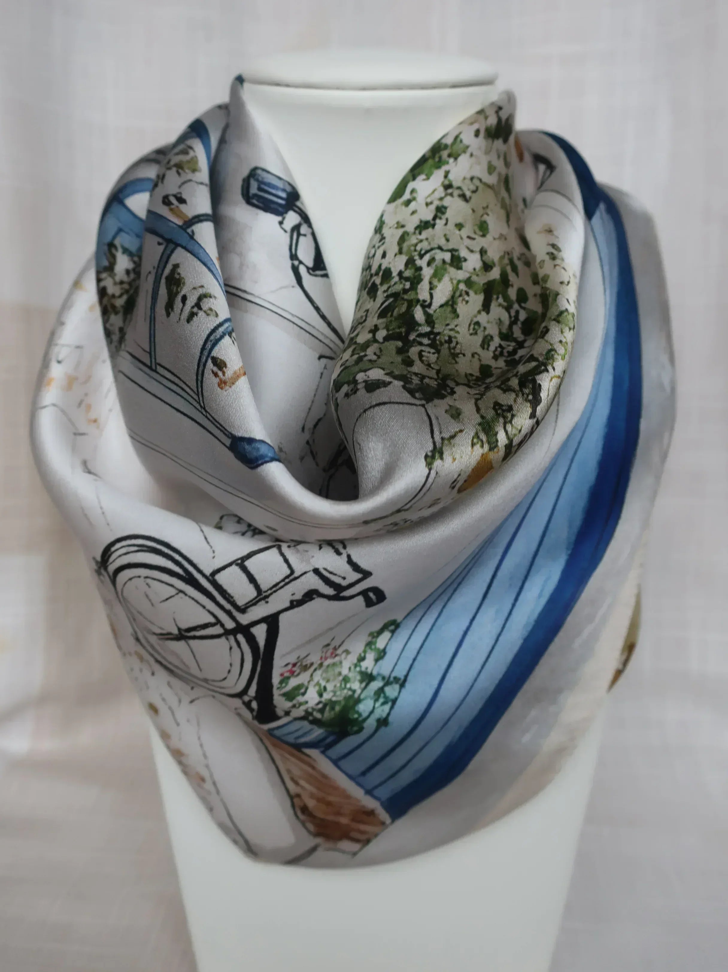 53x53 cm Mulberry Silk Mediterranean Village Scarf | Blue White | Luxury Square Scarf | Women's & Men's Neckerchief - Scarves4you
