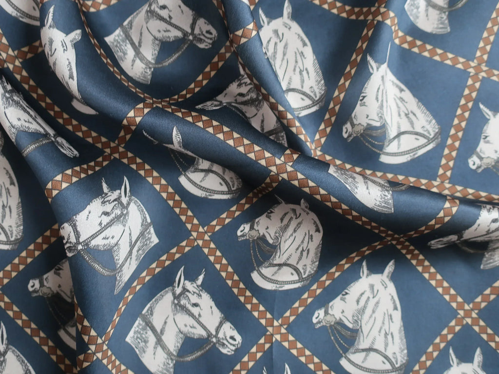 53x53 cm Mulberry Silk Horse Print Scarf | Navy Blue White | Luxury Square Scarf | Women's & Men's Neckerchief - Scarves4you