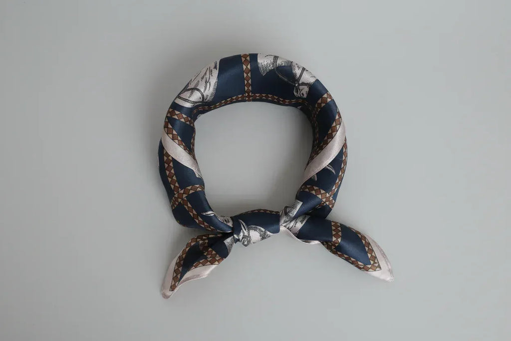 53x53 cm Mulberry Silk Horse Print Scarf | Navy Blue White | Luxury Square Scarf | Women's & Men's Neckerchief - Scarves4you