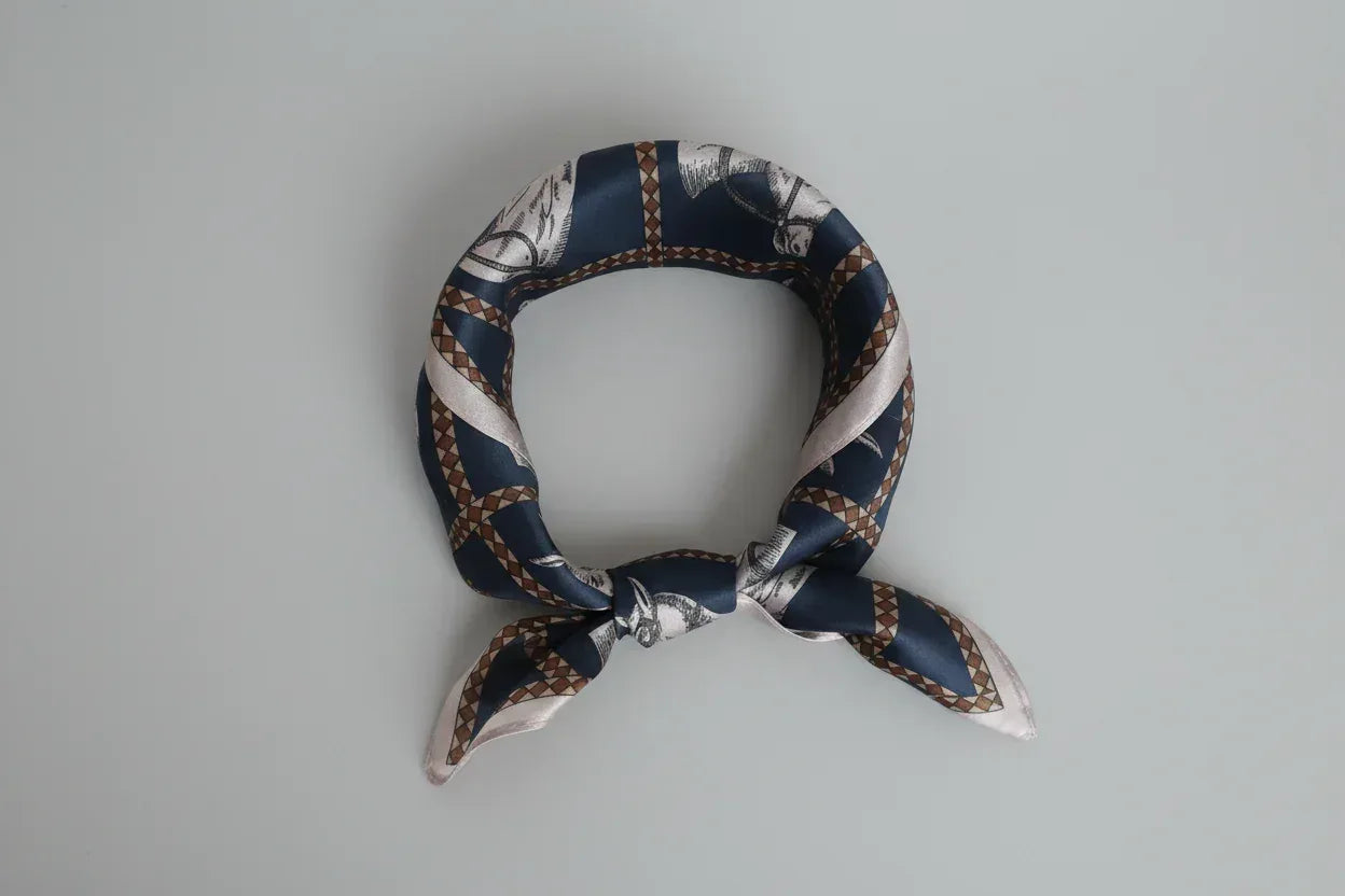 53x53 cm Mulberry Silk Horse Print Scarf | Navy Blue White | Luxury Square Scarf | Women's & Men's Neckerchief - Scarves4you