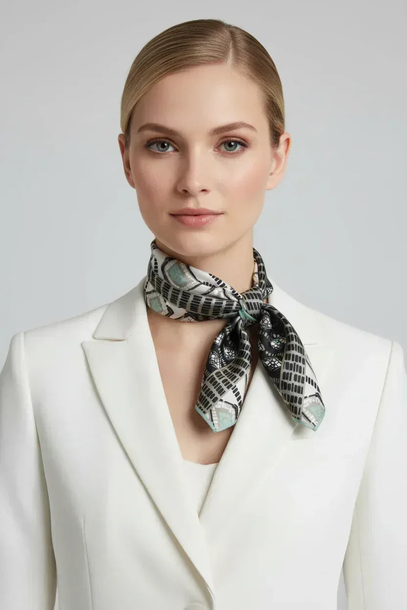 53x53 cm Mulberry Silk Geometric Scarf | Black White Mint | Luxury Square Scarf | Women's & Men's Neckerchief - Scarves4you
