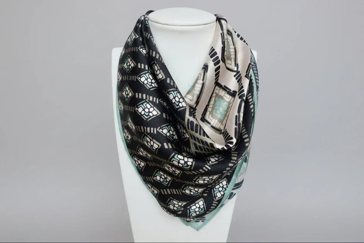 53x53 cm Mulberry Silk Geometric Scarf | Black White Mint | Luxury Square Scarf | Women's & Men's Neckerchief - Scarves4you