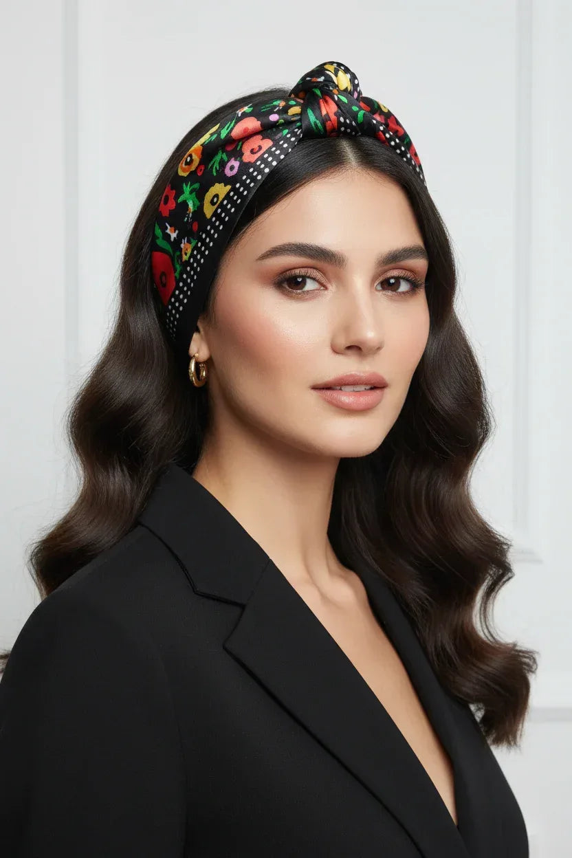 Woman wearing a black blazer and colorful floral headband against a white background