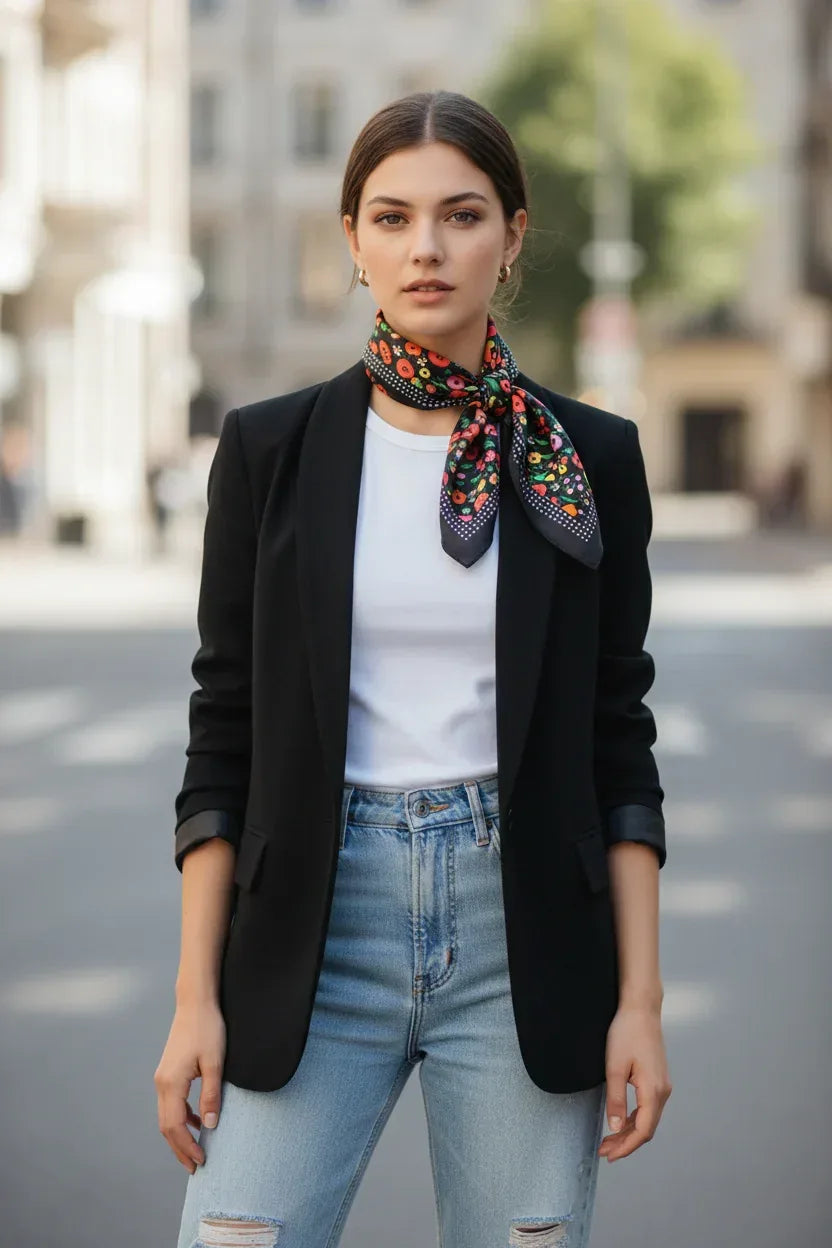 Woman wearing a black blazer, white top, and light blue jeans with a colorful scarf outdoors.