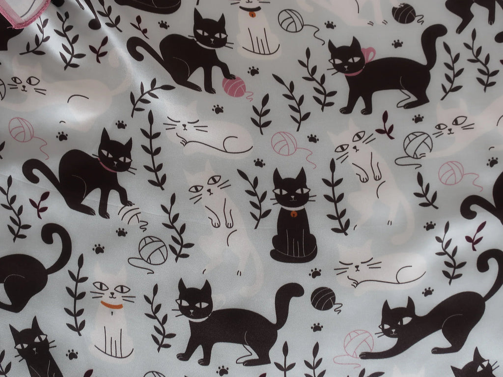 Natural Mulberry Silk Square Scarf - White Black Cat Pattern 53x53cm - Scarves4you