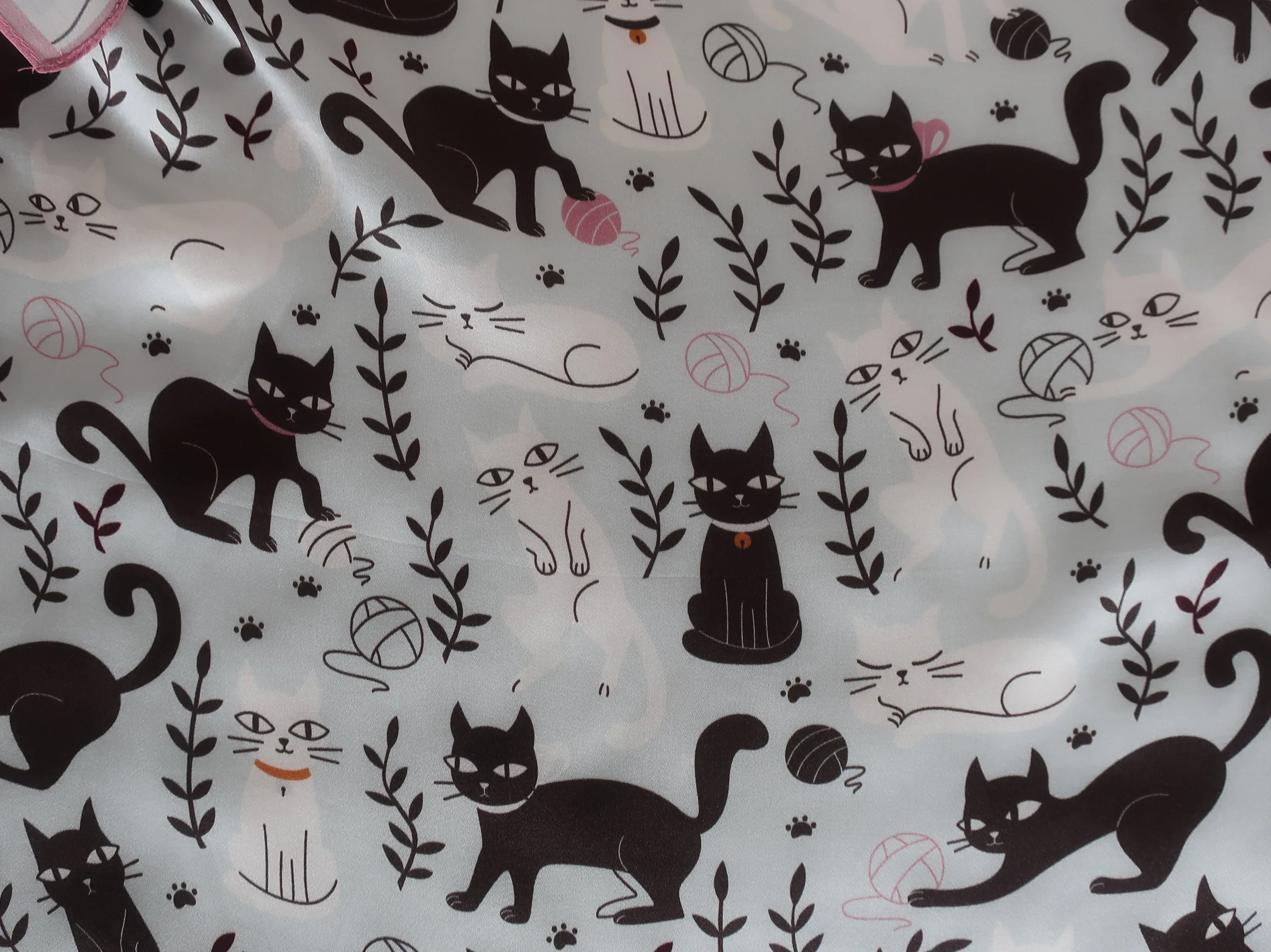 Natural Mulberry Silk Square Scarf - White Black Cat Pattern 53x53cm - Scarves4you
