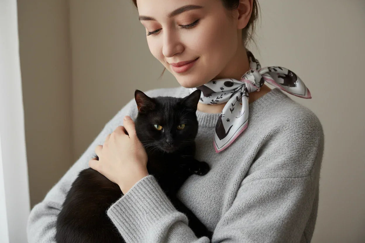 Natural Mulberry Silk Square Scarf - White Black Cat Pattern 53x53cm - Scarves4you