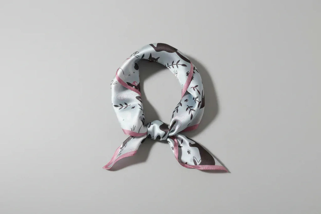 Natural Mulberry Silk Square Scarf - White Black Cat Pattern 53x53cm - Scarves4you