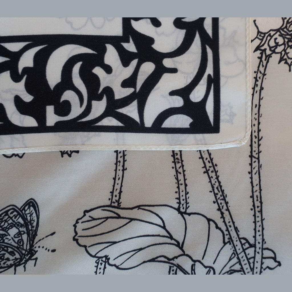 Natural Mulberry Silk Square Scarf - White Black Botanical Garden Pattern 53x53cm - Scarves4you