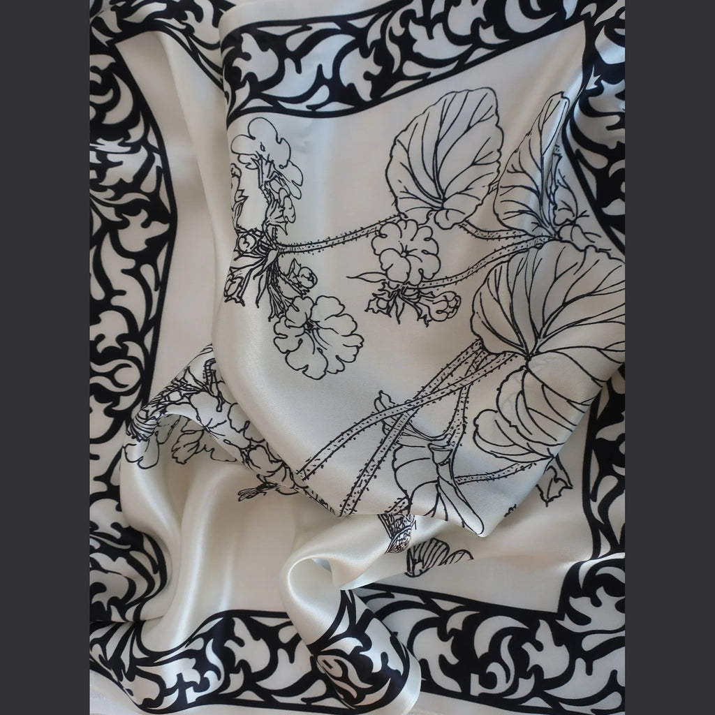 Natural Mulberry Silk Square Scarf - White Black Botanical Garden Pattern 53x53cm - Scarves4you