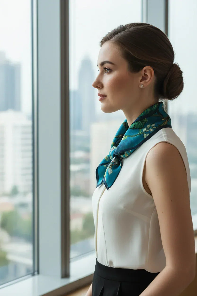 Natural Mulberry Silk Square Scarf - Turquoise Blue Almond Blossom Pattern 53x53cm - Scarves4you