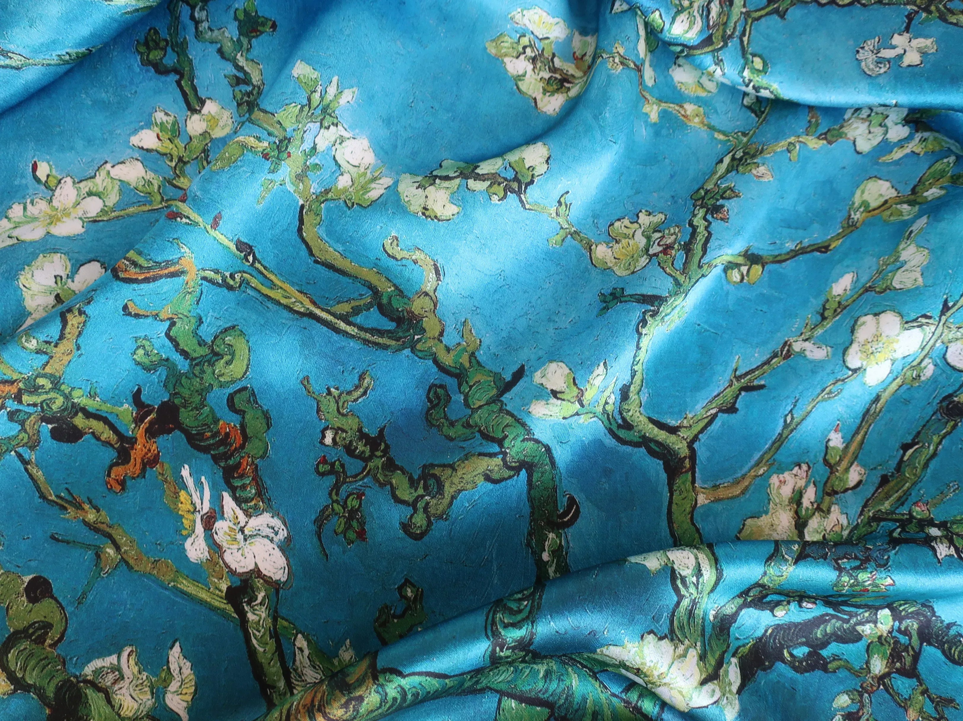 Natural Mulberry Silk Square Scarf - Turquoise Blue Almond Blossom Pattern 53x53cm - Scarves4you