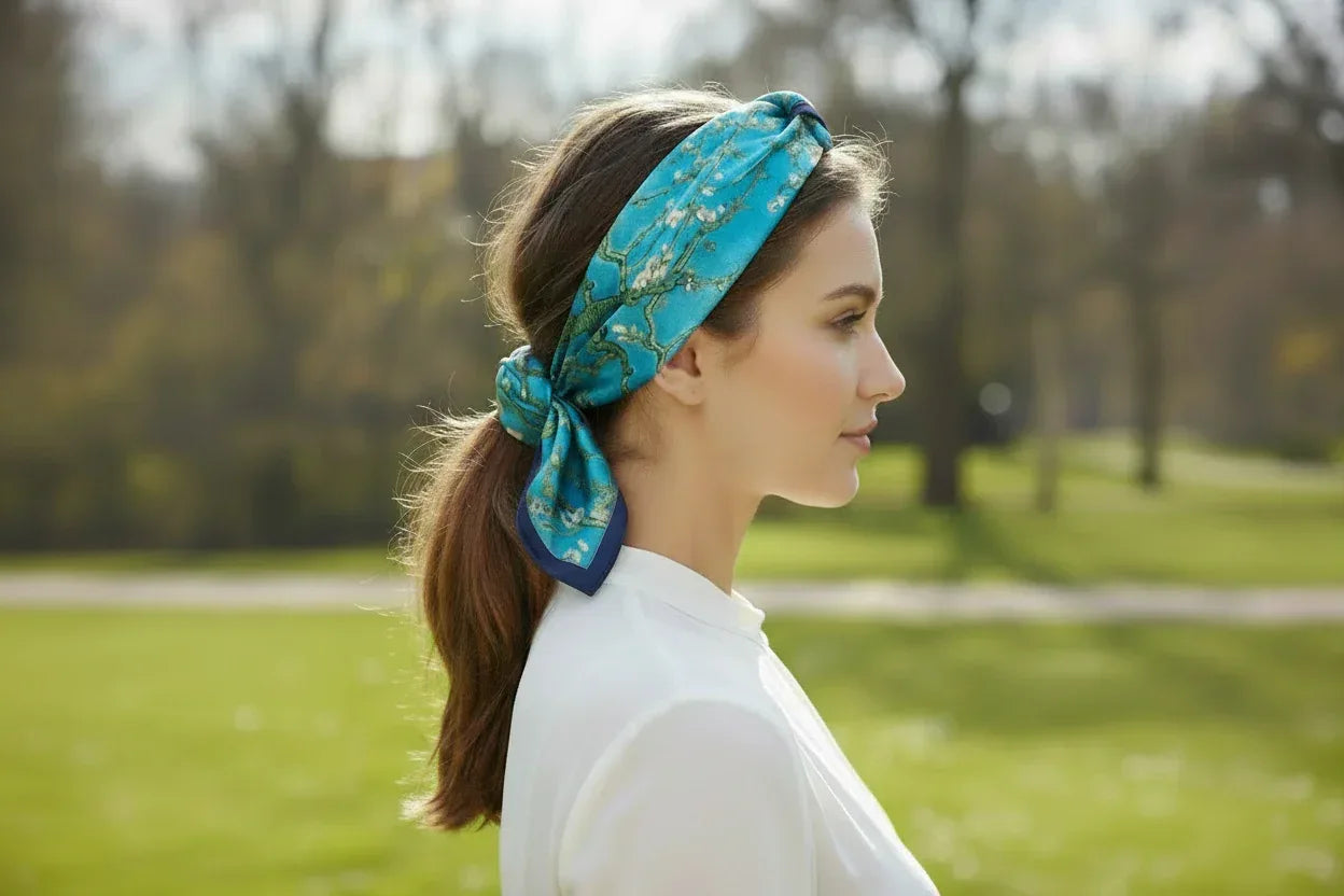 Natural Mulberry Silk Square Scarf - Turquoise Blue Almond Blossom Pattern 53x53cm - Scarves4you
