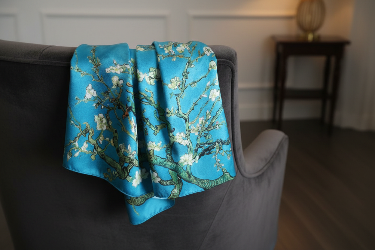 Natural Mulberry Silk Scarf – Turquoise Blue Almond Blossom Design – 53x53 cm