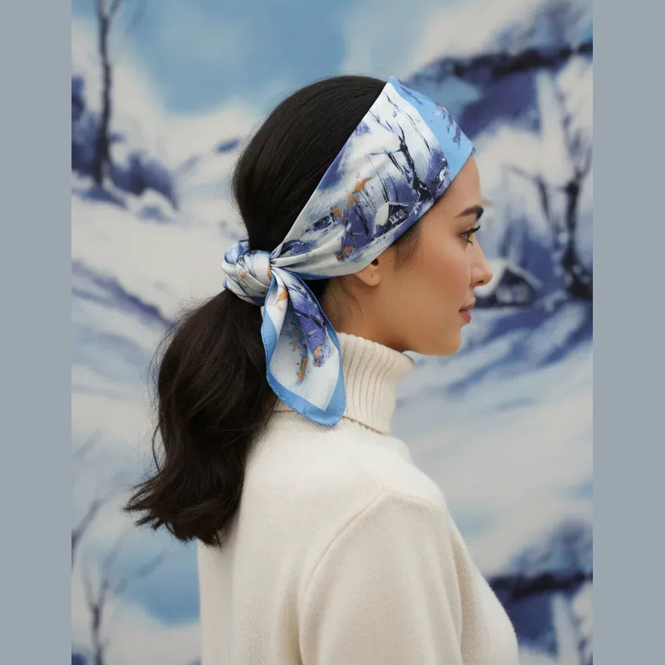 Winter Landscape Silk Scarf 53x53 cm - Blue & White Artistic Design - Scarves4you