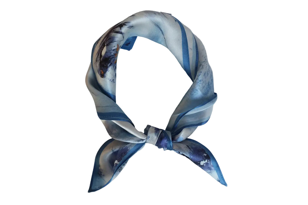 Winter Landscape Silk Scarf 53x53 cm - Blue & White Artistic Design - Scarves4you