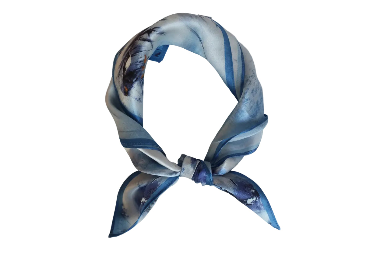 Winter Landscape Silk Scarf 53x53 cm - Blue & White Artistic Design - Scarves4you