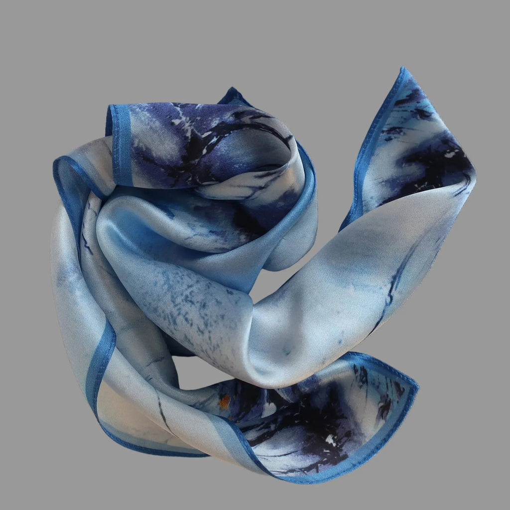 Winter Landscape Silk Scarf 53x53 cm - Blue & White Artistic Design - Scarves4you