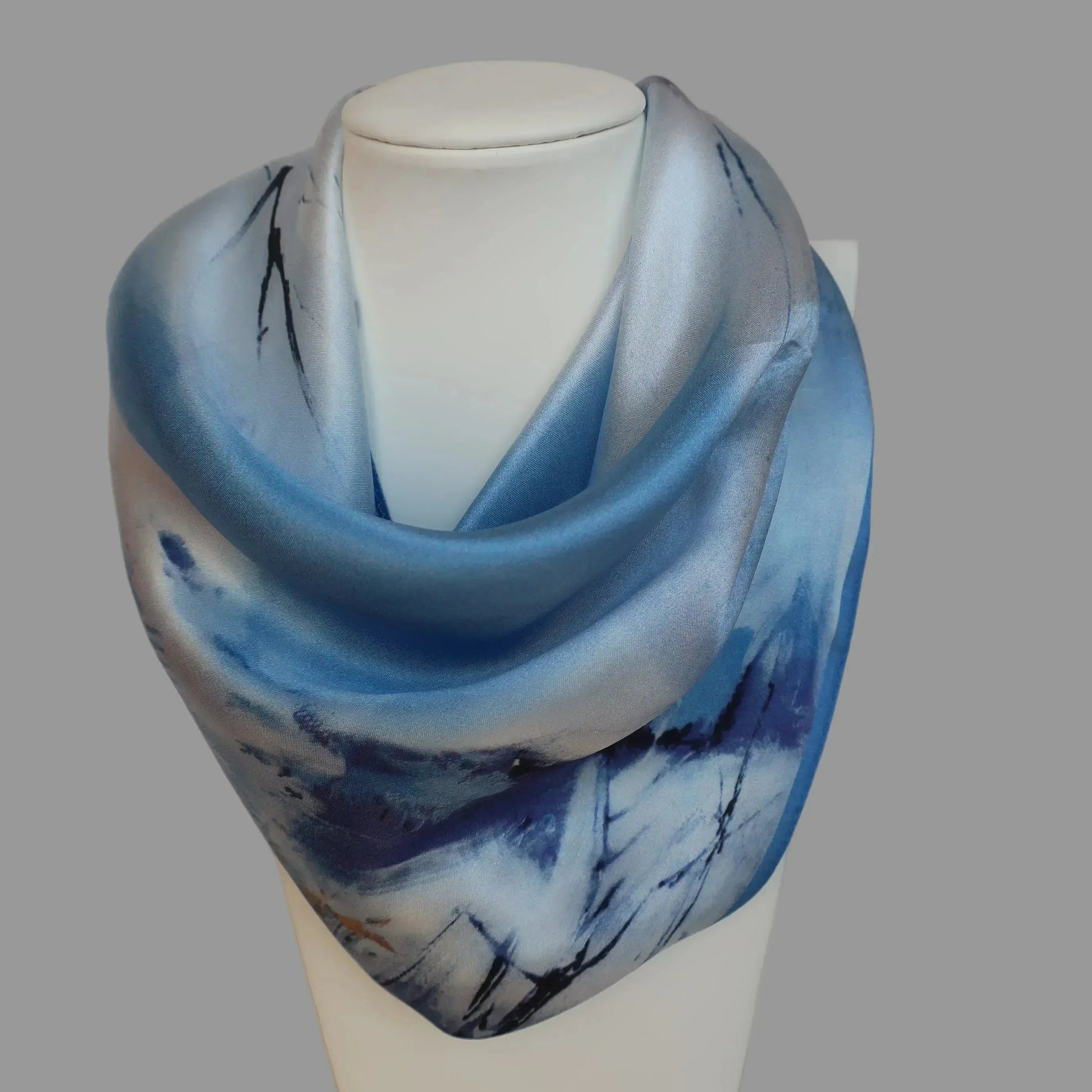 Winter Landscape Silk Scarf 53x53 cm - Blue & White Artistic Design - Scarves4you