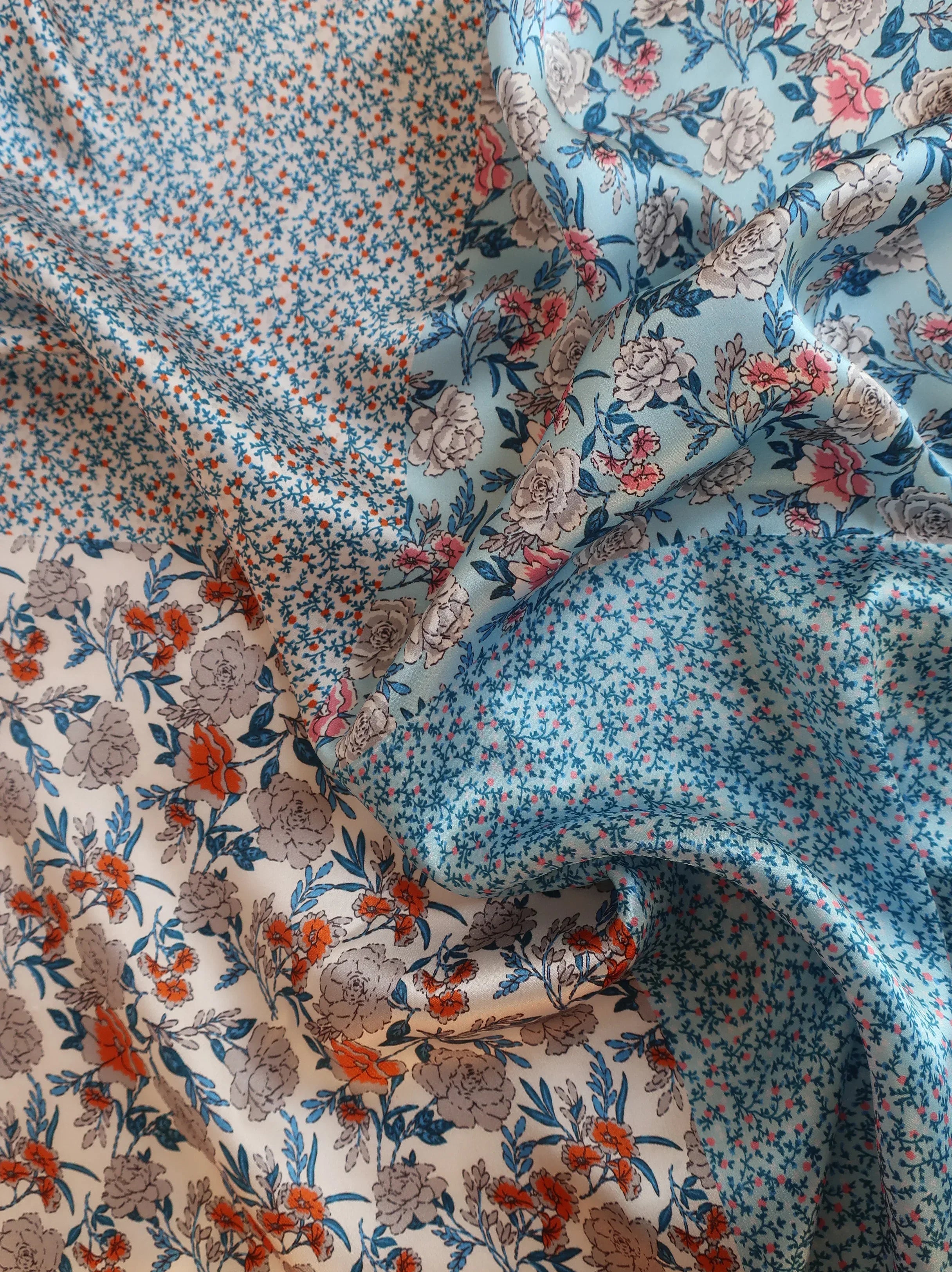 Mixed Floral Print Silk Scarf 53x53 cm - Blue & Coral Garden Design - Scarves4you