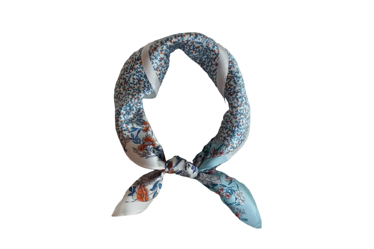 Mixed Floral Print Silk Scarf 53x53 cm - Blue & Coral Garden Design - Scarves4you
