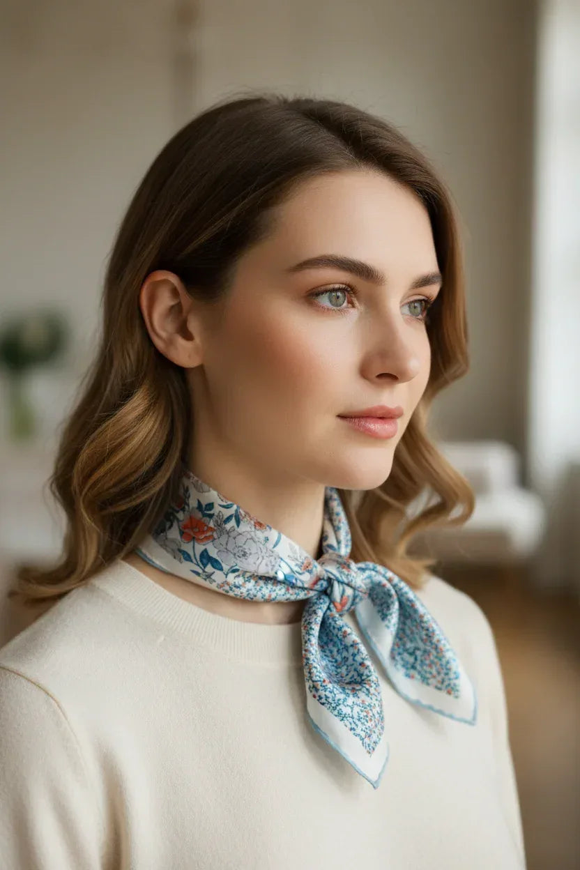 Mixed Floral Print Silk Scarf 53x53 cm - Blue & Coral Garden Design - Scarves4you