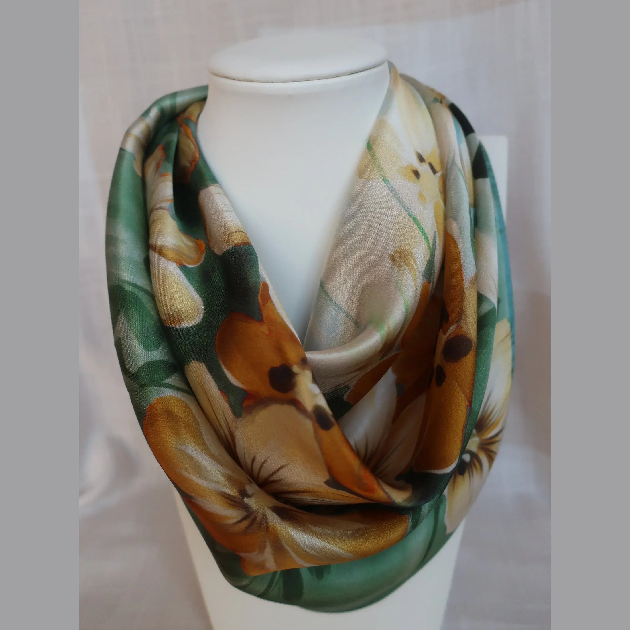 Green Floral Silk Scarf 53x53cm - Elegant Square Neckerchief for Women - Scarves4you