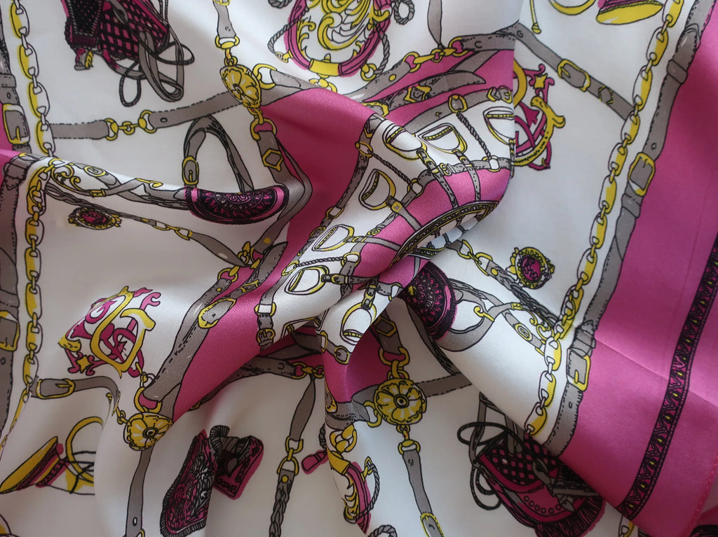 100% Mulberry Silk Square Scarf 53x53cm — Pink Chain & Medallion - Scarves4you