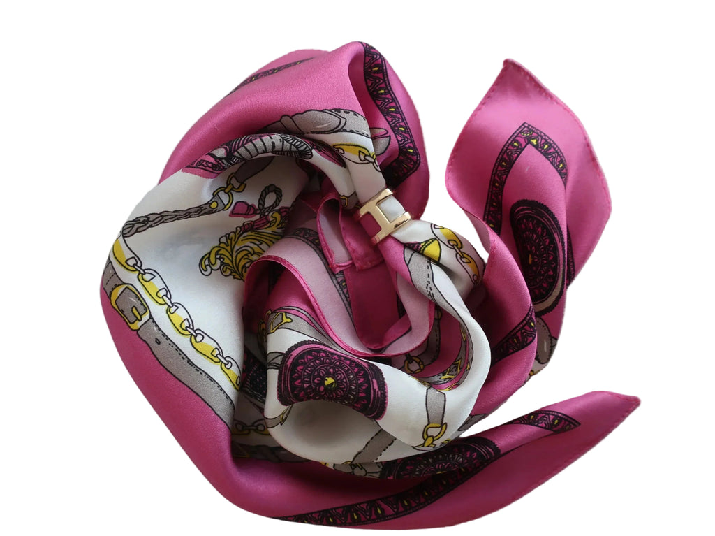 100% Mulberry Silk Square Scarf 53x53cm — Pink Chain & Medallion - Scarves4you