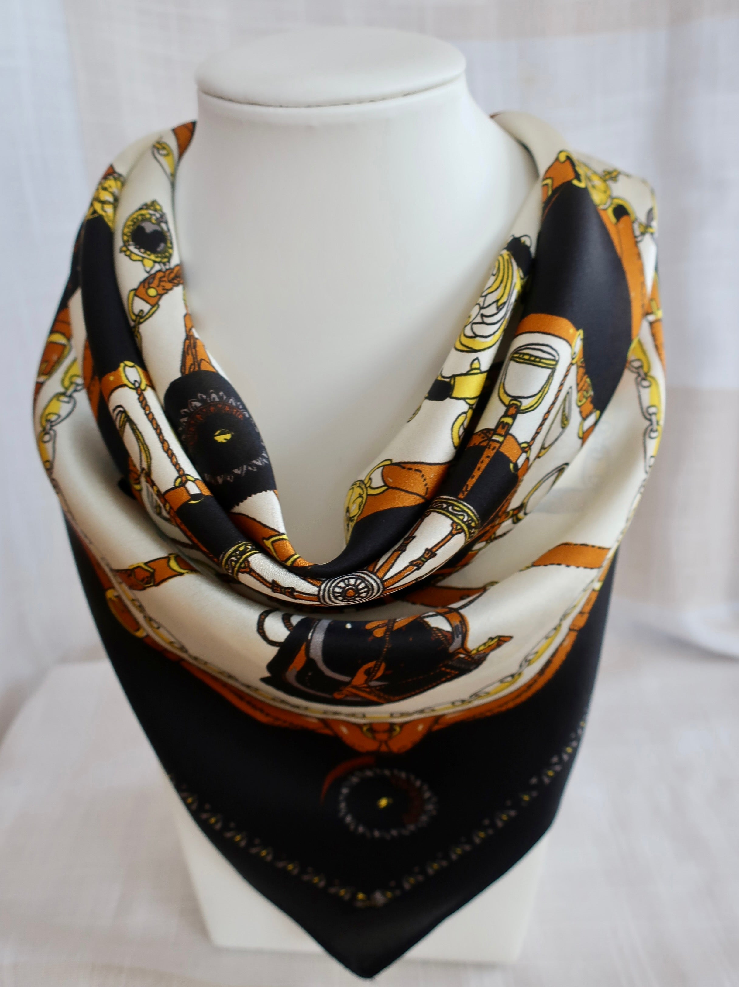 100% Mulberry Silk Square Scarf 53x53cm — Black Chain & Medallion