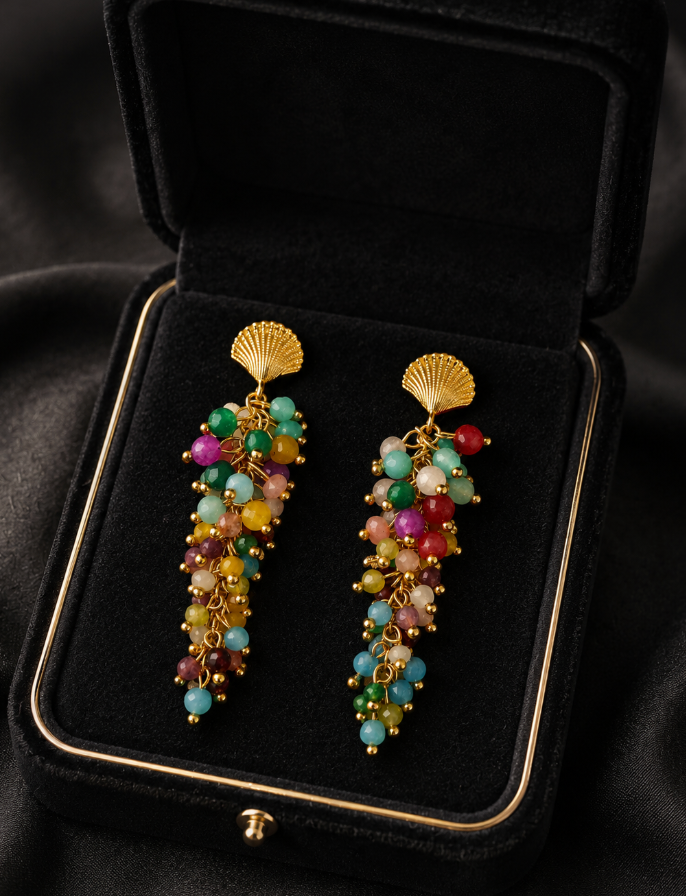 Shell & Stone Cluster Drop Earrings in jewellery box